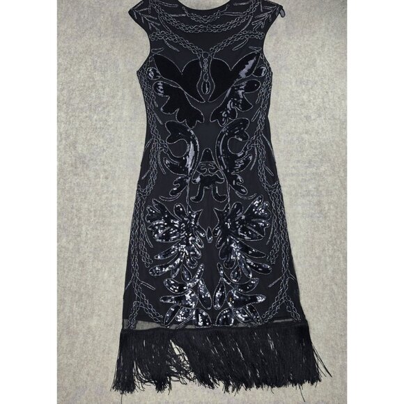 Sequined Fringe Black Sleeveless Cocktail Dress Elegant Art Deco Style Polyester - Picture 2 of 8